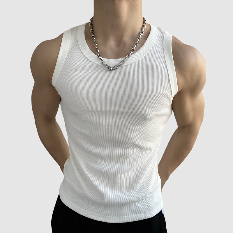 Vintage Solid Color Basic Fitted Sleeveless Cotton Vest T-Shirt, Gym Fitness Ribbed Inner Layer Underwear for Men Summer