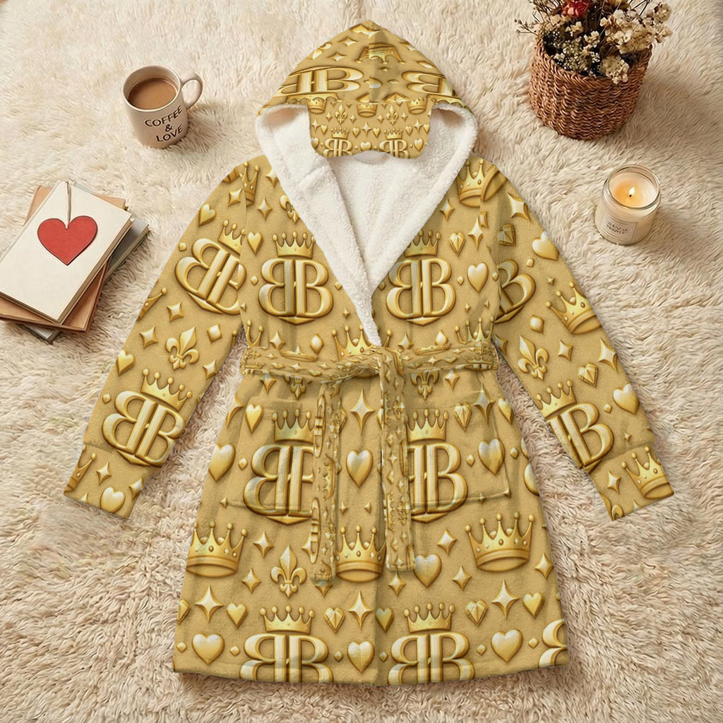 BB Gold Unisex Double-Layer Plush Hooded Robe with Eye Mask