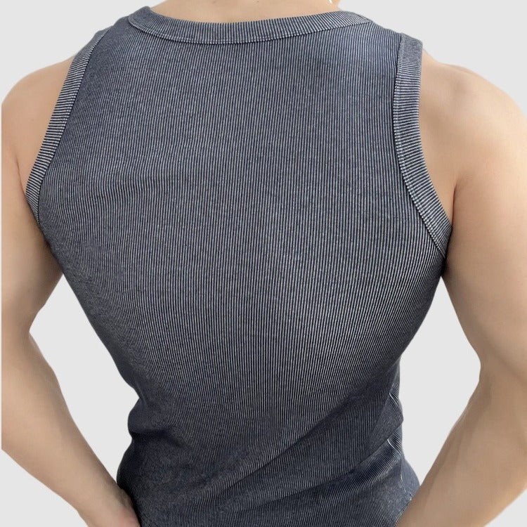 Vintage Solid Color Basic Fitted Sleeveless Cotton Vest T-Shirt, Gym Fitness Ribbed Inner Layer Underwear for Men Summer