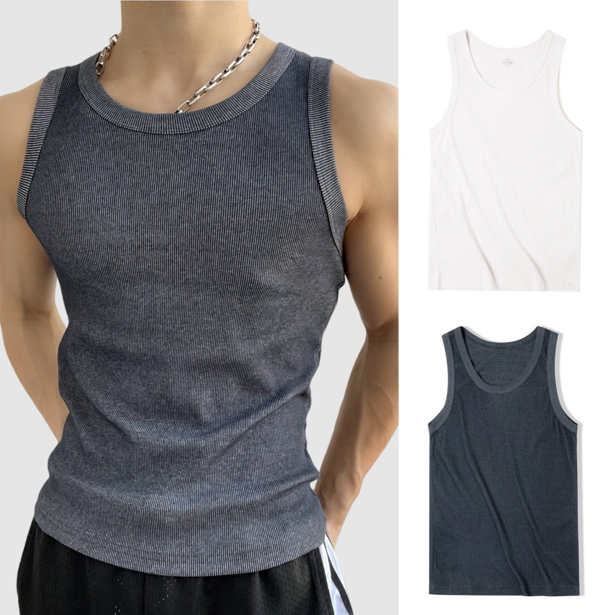 Vintage Solid Color Basic Fitted Sleeveless Cotton Vest T-Shirt, Gym Fitness Ribbed Inner Layer Underwear for Men Summer