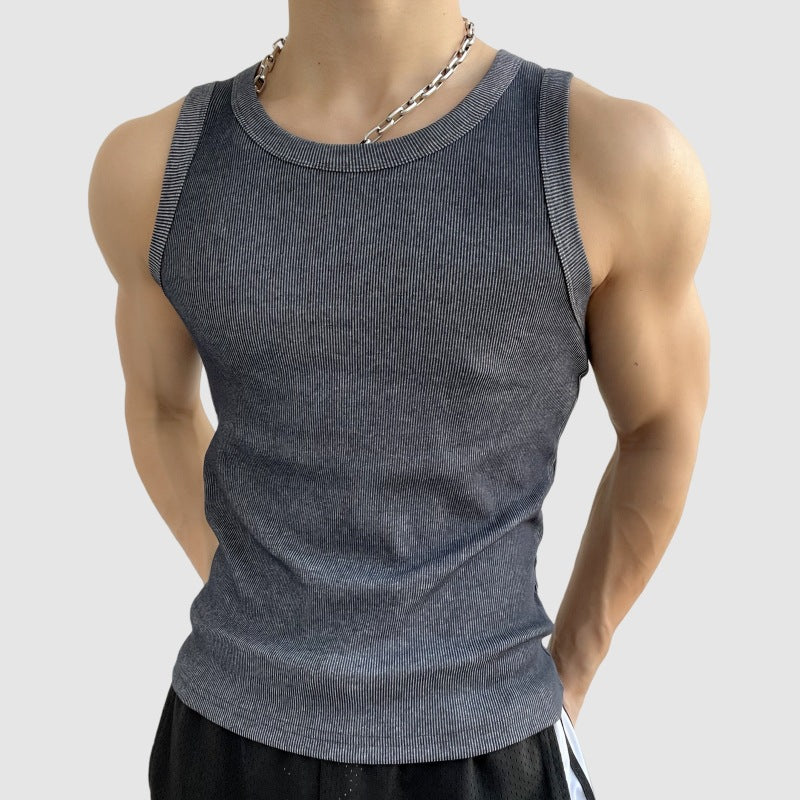 Vintage Solid Color Basic Fitted Sleeveless Cotton Vest T-Shirt, Gym Fitness Ribbed Inner Layer Underwear for Men Summer