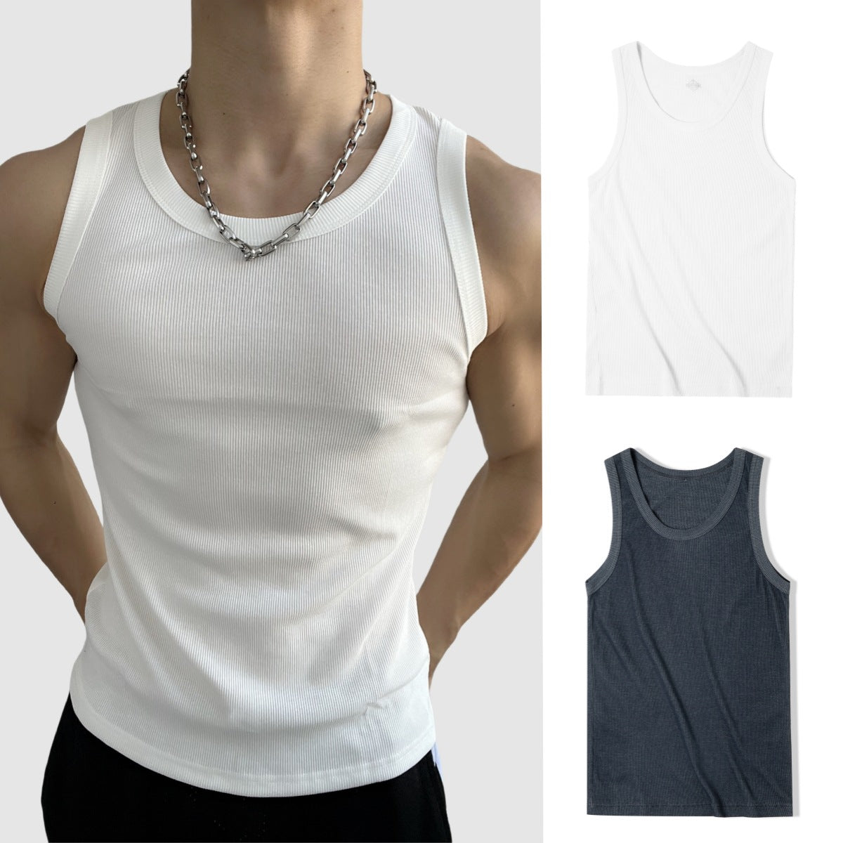 Vintage Solid Color Basic Fitted Sleeveless Cotton Vest T-Shirt, Gym Fitness Ribbed Inner Layer Underwear for Men Summer